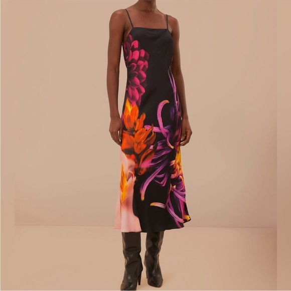 FARM Rio Dresses & Skirts - FARM Rio Black Midi Dress with Pink, Orange & Purple Floral Print